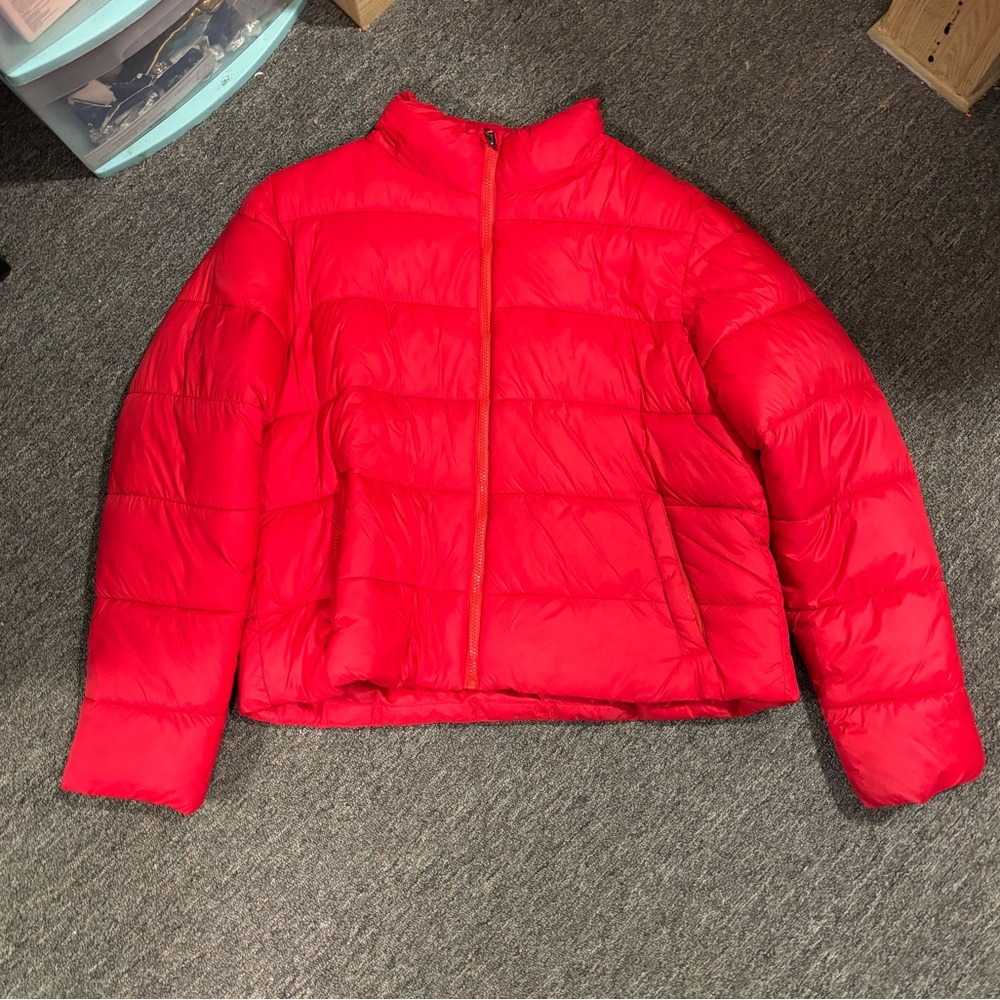 Oversized red puffer jacket